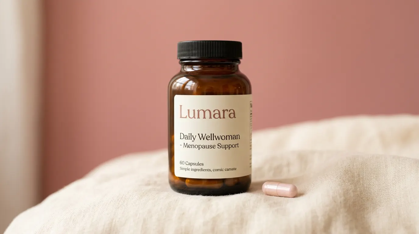 Lumara Daily Wellwoman menopause support — amber glass bottle with a single capsule