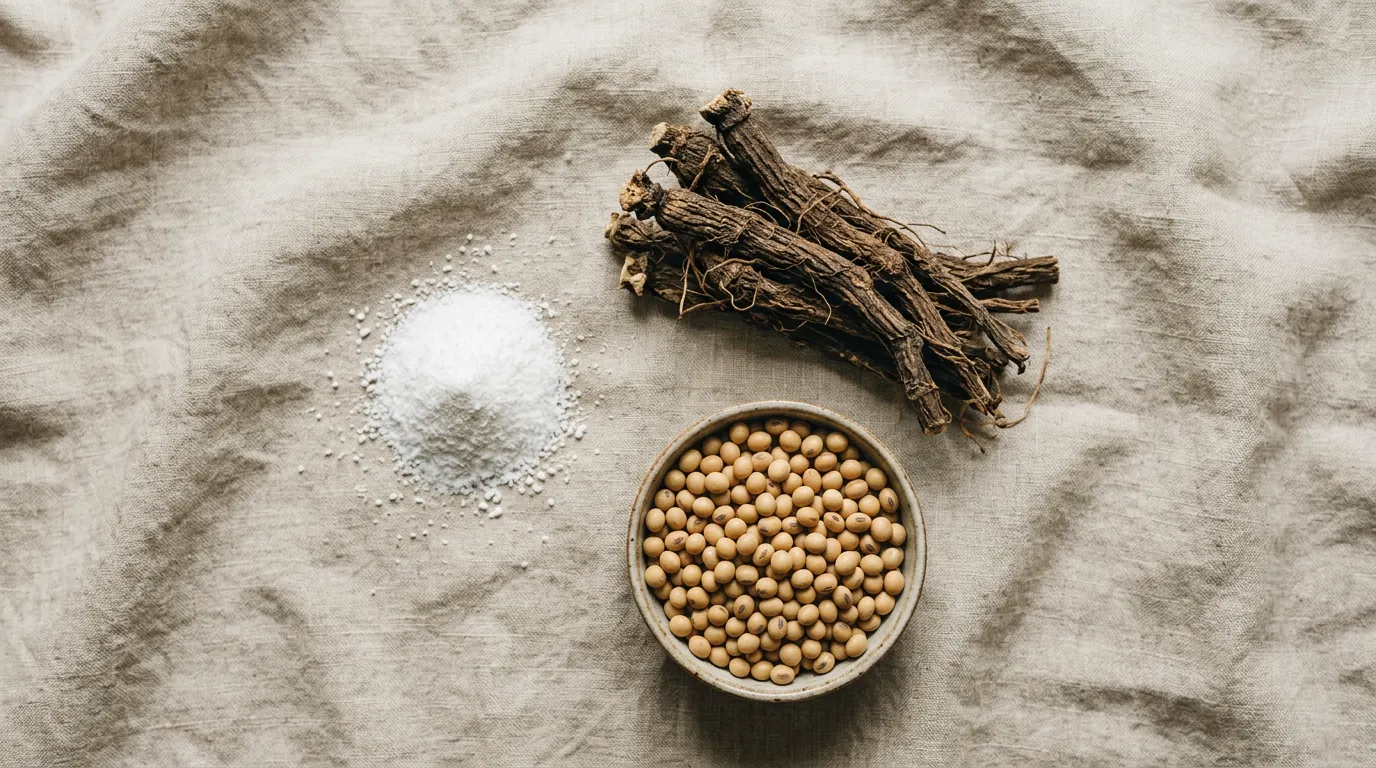 Black cohosh root, whole soybeans and magnesium powder flat-lay